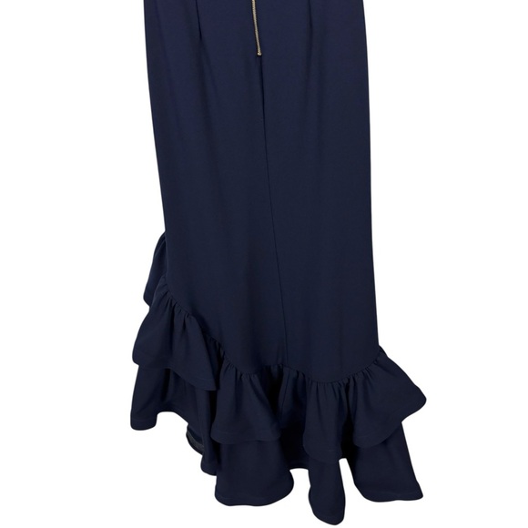 BETSY & ADAM A25720 NIGHT BLUE HALTER CREPE RUFFLE HIGH LOW COCKTAIL PARTY DRESS - Picture 10 of 15